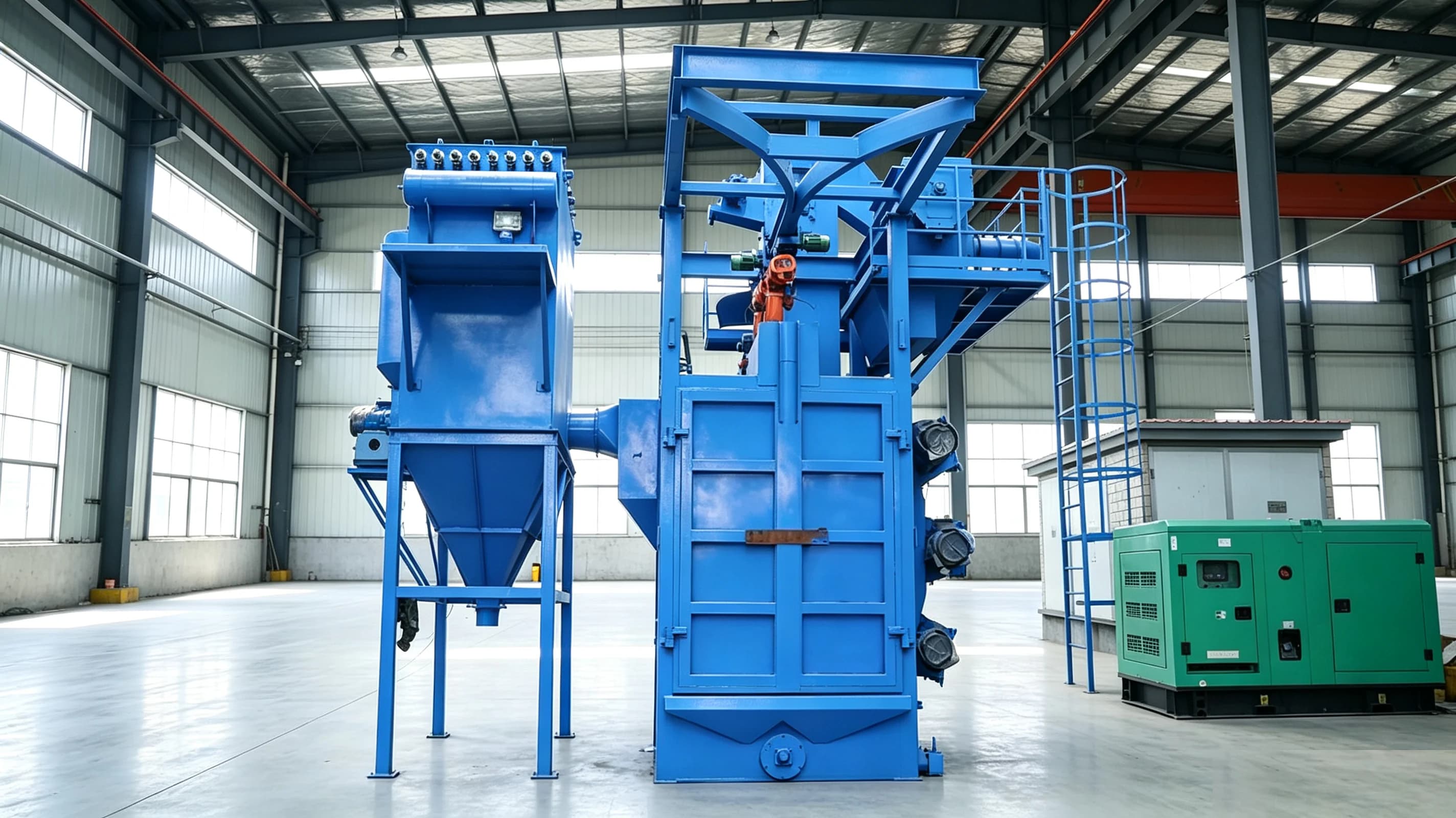 Hook shot blasting machine blast chamber with suspended workpiece handling