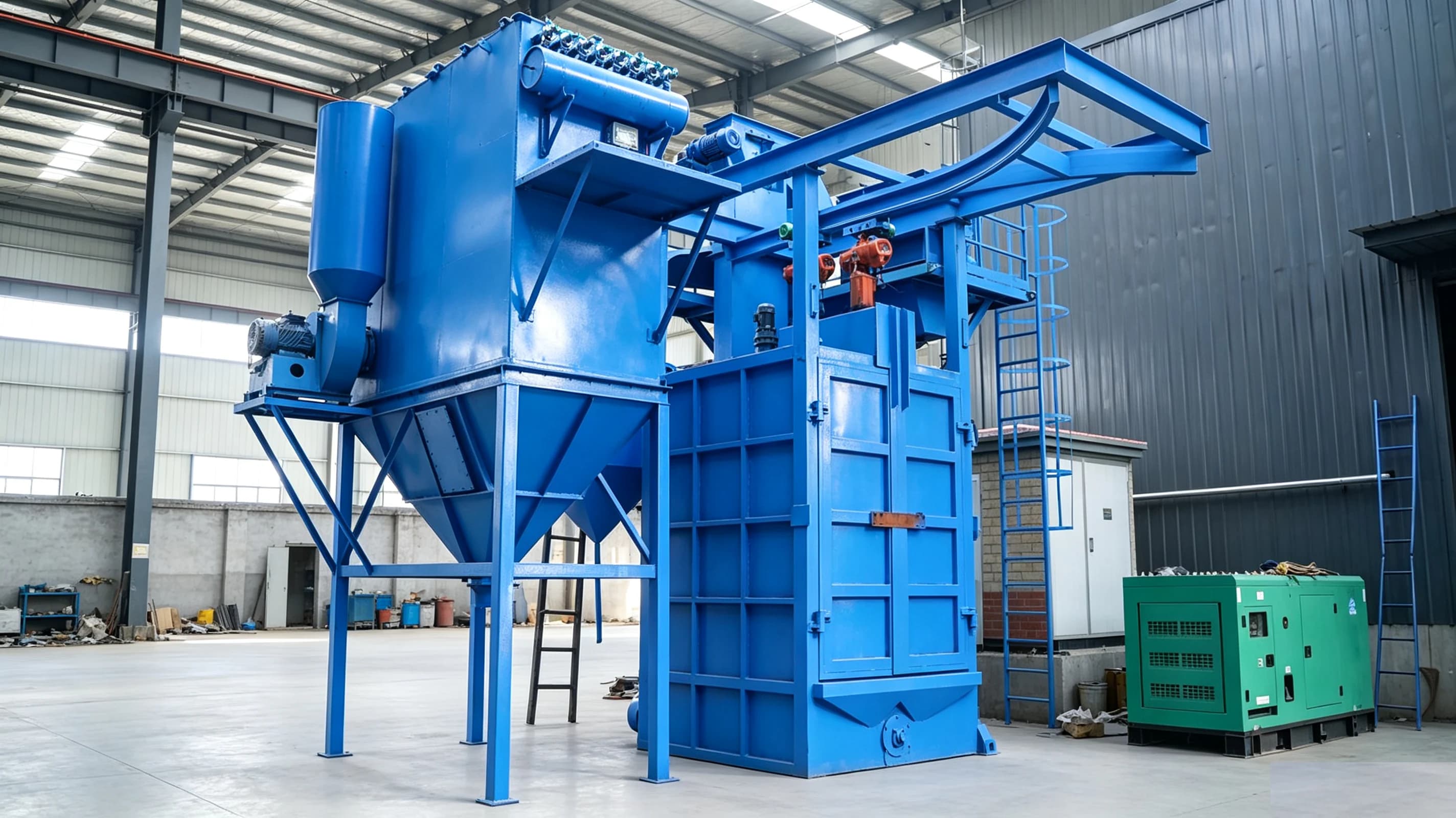 Hook shot blasting machine side view with dust collection connection