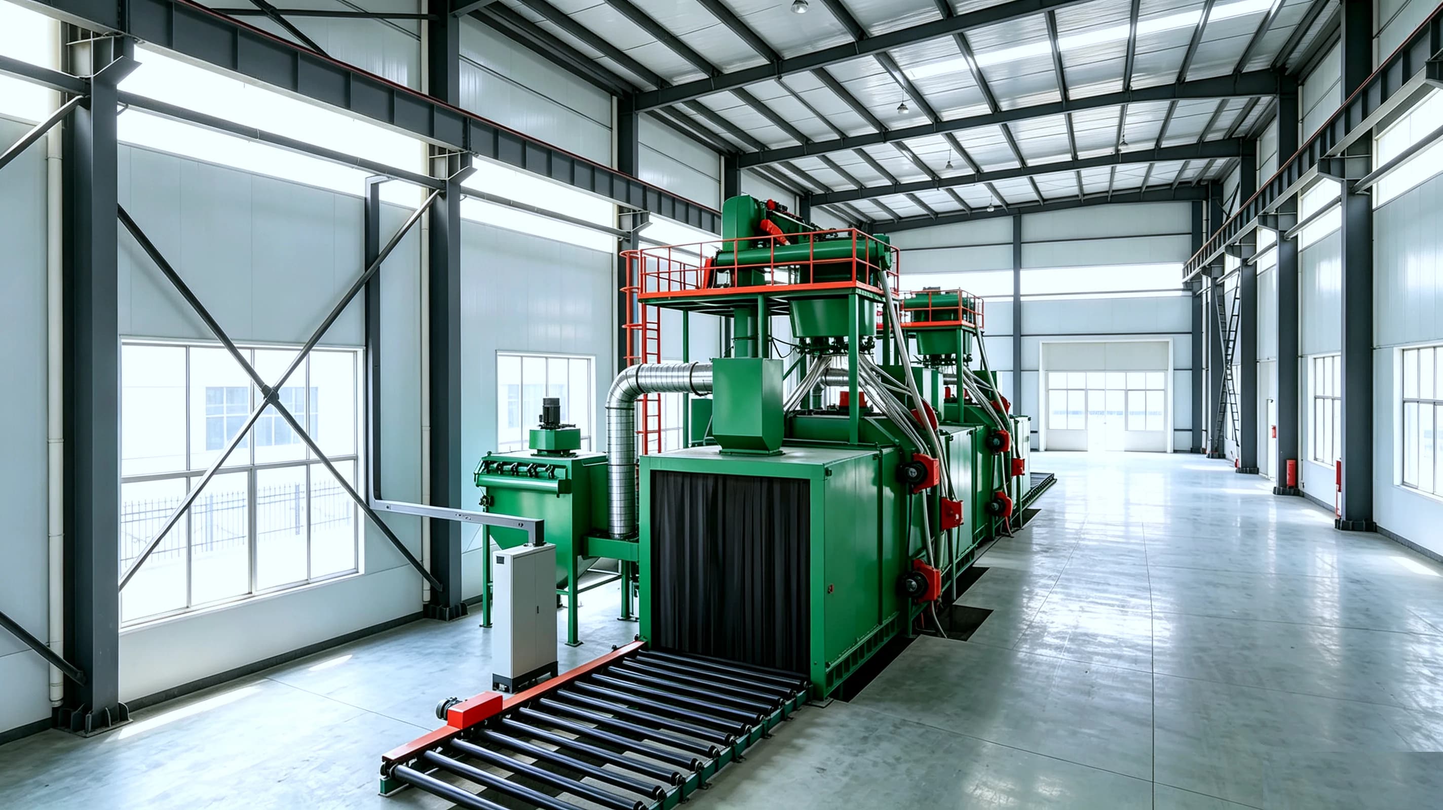 Roller conveyor shot blasting machine roller conveyor and blast chamber view
